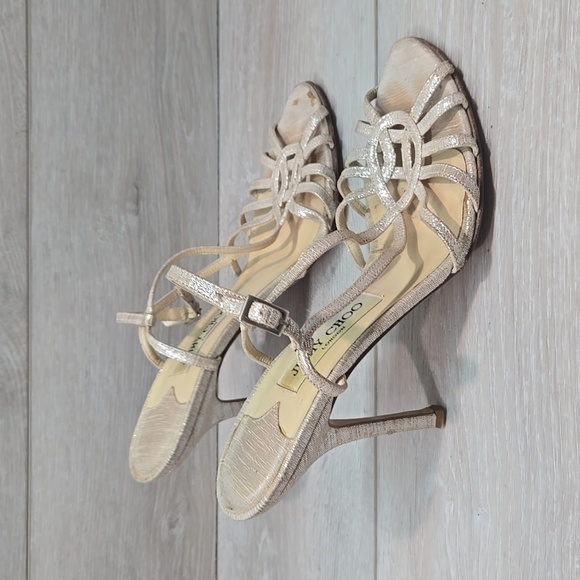 Jimmy Choo WomenElegant Strappy Heels in Shimmering Gold Sandals Shoes 37.5/7.5 - Picture 2 of 14
